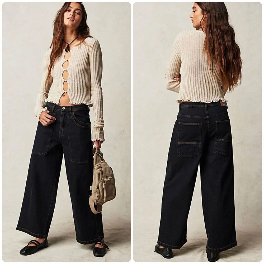 We the Free Piper Mid Rise Wide Leg Cropped Jeans Dark Wash Size 25 Free People